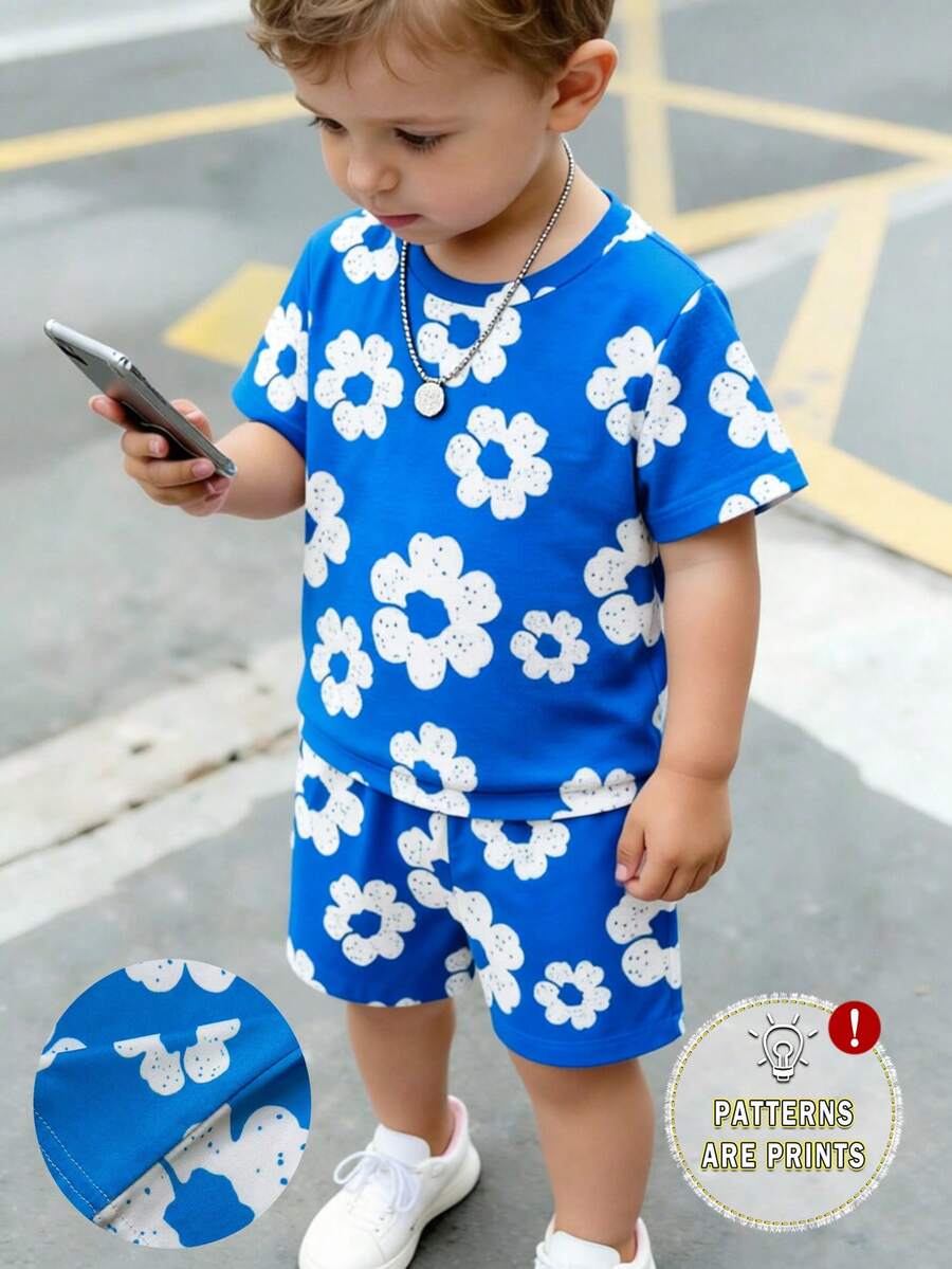 春夏两件套:婴幼儿男童休闲碎花短袖T恤和短裤套装,舒适日常穿着 - 彩色 - 查看 1