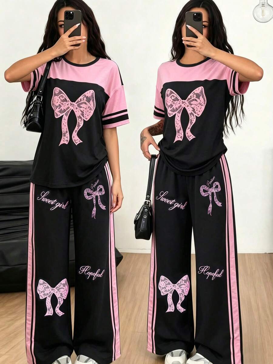 SHEIN 青少年女孩休閒時尚街頭風圓領粉色拼接黑色蝴蝶結圖案落肩寬鬆短袖上衣與寬腿蝴蝶結圖案長褲2件套 春夏 - 彩色 - 查看 1