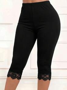 SHEIN Clasi 女款純色對比蕾絲下擺荷葉邊七分長褲 - 黑色 - 查看 5