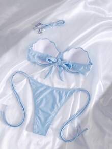 Swim SXY 夏季新品 INS 性感綁帶三角比基尼，美人魚貝殼包，螢光淺藍色 2 件式泳裝配珍珠飾品，海洋度假海灘比基尼套裝，甜美女孩水療海灘度假泳裝，生日派對度假海灘比基尼 - 淺藍色 - 查看 3