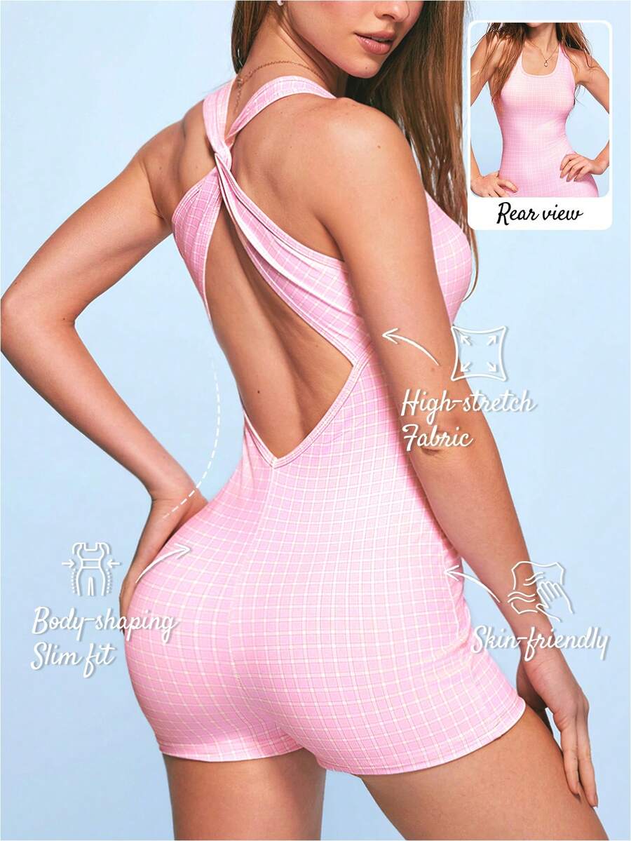 SHEIN Sovereign Charm Women's Summer Fitness Running Outdoor Small Plaid Print Athleisure Sleeveless Back Criss-Cross Slim Fit Yoga Sports Romper Gym Pink Checkered - Pink - View 1