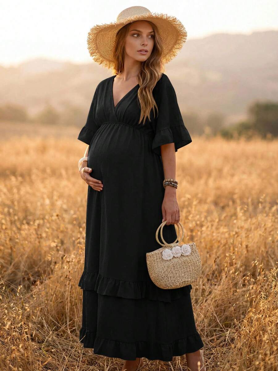 Boho Mama Maternity Vacation Casual Maternity Normal Solid Color Ruffle Hem Dress Photoshoot Summer - Black - View 1