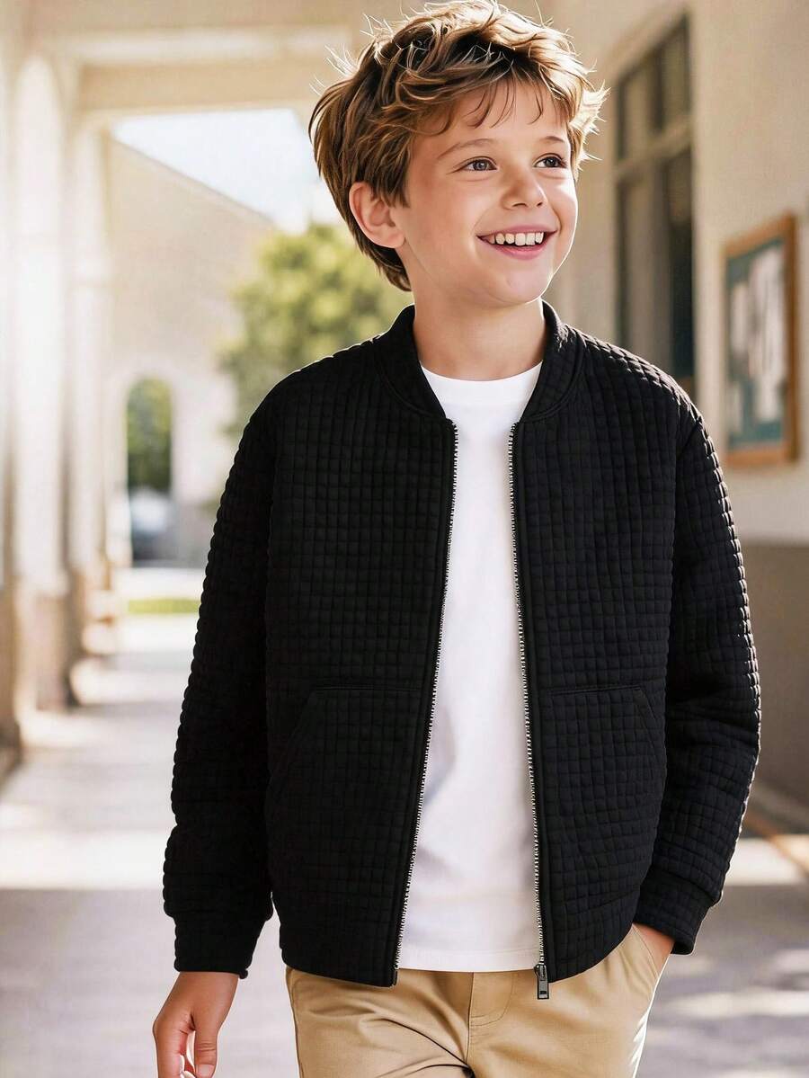 SHEIN Jaket Baseball Anak Laki-laki Remaja Kasual Serbaguna Bertekstur Kotak-kotak Kecil Warna Hitam, Cocok untuk Perjalanan Sekolah, Jalan-jalan Santai Sehari-hari, Cocok untuk Olahraga, Cocok untuk Musim Gugur/Dingin - Hitam - View 1