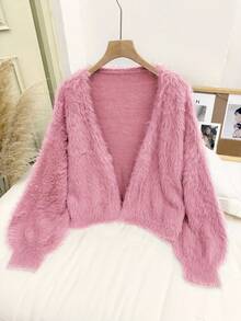 CosyJoli Plus Size Women's Sweater Off Shoulder Plush Cropped Cardigan In Fall/Winter - Dusty Pink - View 1