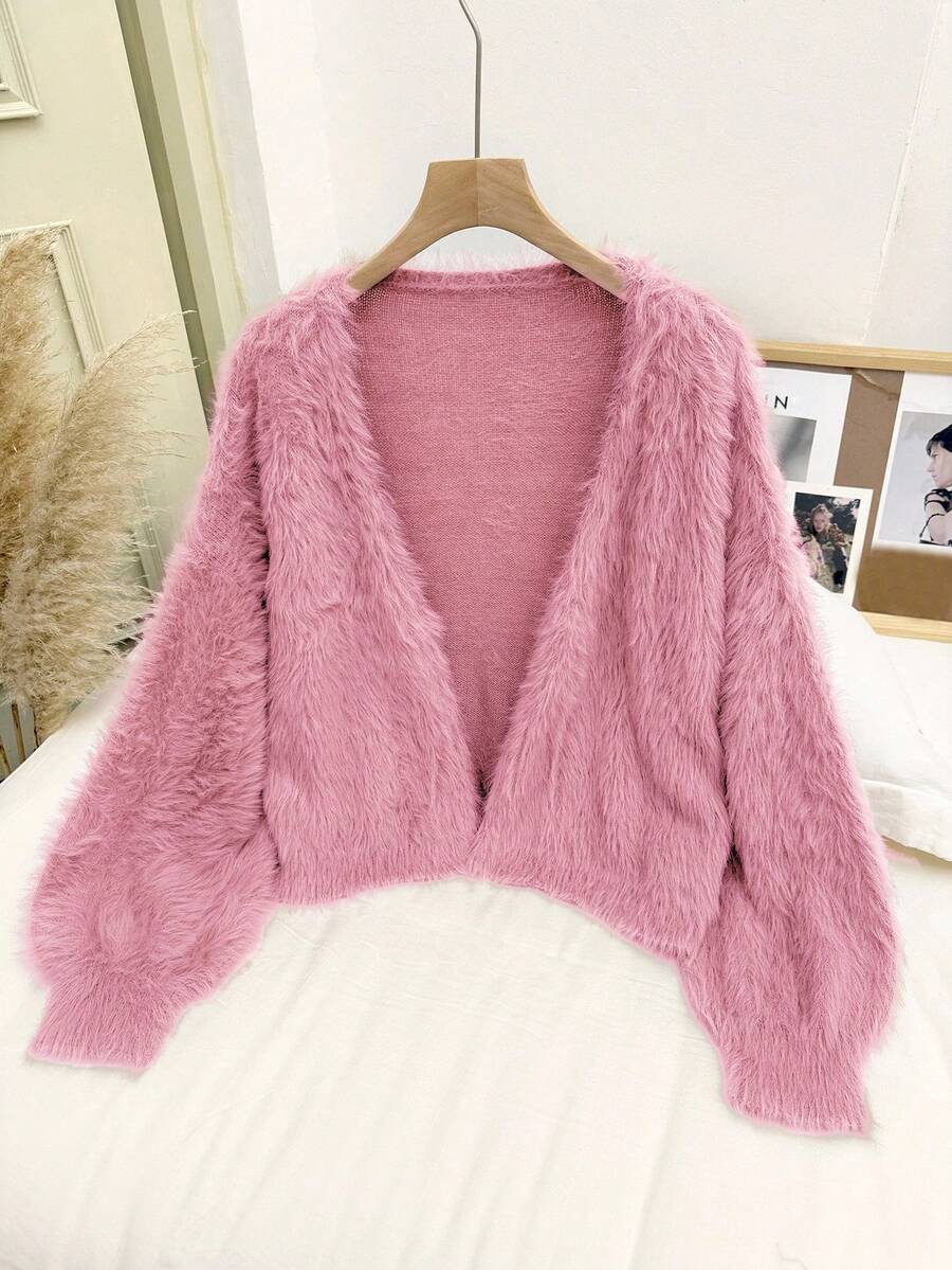 CosyJoli Plus Size Women's Sweater Off Shoulder Plush Cropped Cardigan In Fall/Winter - Dusty Pink - View 1