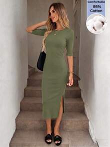 Easowa Women's Casual Basic Commute Day Time Night Solid Color Fitted Midi Dress Everyday Day Time Olive Green Summer - Army Green - View 7