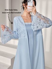 Yasmyna Elegant Blue Contrast Lace Flared Sleeve Open Front Robe, Spring/Summer - Baby Blue - View 7