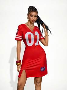 Gowayae Gowayae Vestido corto de mujer con cuello en V y mangas cortas con abertura - Rojo - Ver 5