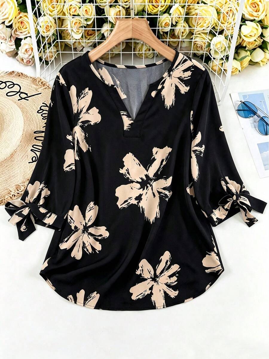 SHEIN LUNE 夏季V领系带袖口七分袖休闲条纹度假衬衫 - 黑色 - 查看 1