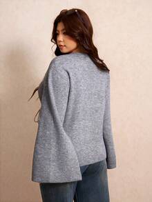 Elaquor Plus Size Fashion Button Tie-Up Slit Long Sleeve Sweater Formal Office Business Semi Grey Fall Casual Elegant - Dark Grey - View 3