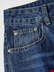 ROMWE Fairycore Vintage Floral Embroidered Ultra Low Waist Retro Washed Straight Leg Jeans For Women - Blue - View 4