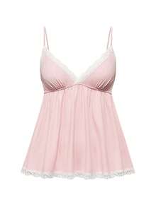 ROMWE Conjunto de pijama casual de camiseta de tirantes acanalada y pantalones cortos con encaje para mujer - Rosa - Ver 5