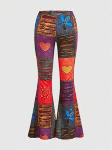 ROMWE PUNK Grunge Patchwork Print Flare Leg Trousers - Orange - View 2
