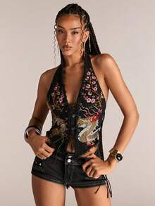 ACID BLVD 女士复古摩托车日系时尚新款中国风刺绣露背性感牛仔上衣 - 黑色 - 查看 1