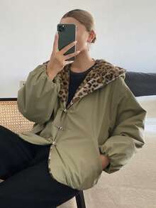 DAZY Patchwork Leopard Print Faux Fur Loose Long Sleeve Hooded Thickened Autumn/Winter Women's Padded Coat Jacket - Army Green - View 6