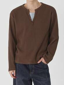 DAZY Spring/Autumn Long Sleeve Brown Waffle Knit 2 In 1 Grey Fabric Patchwork Men's T-Shirt - Brown - View 1