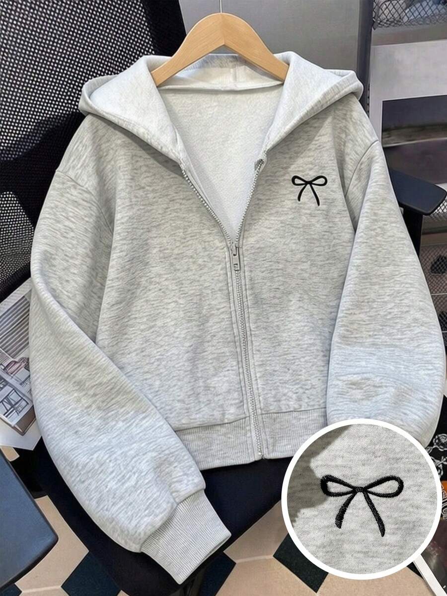 Girls' Thermal Lined Jacket, Solid Color Fashion Bow Jacket For Autumn/Winter, Front Bow Embroidery Pattern, Youthful And Vibrant Style, Suitable For Daily Outdoor Wear - Light Grey - View 1