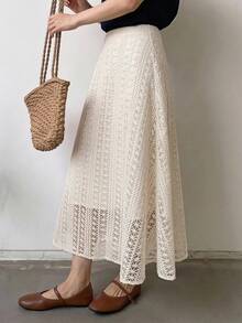 DAZY Elegant Commuter Solid Color Hollow Texture Skirt - White - View 5