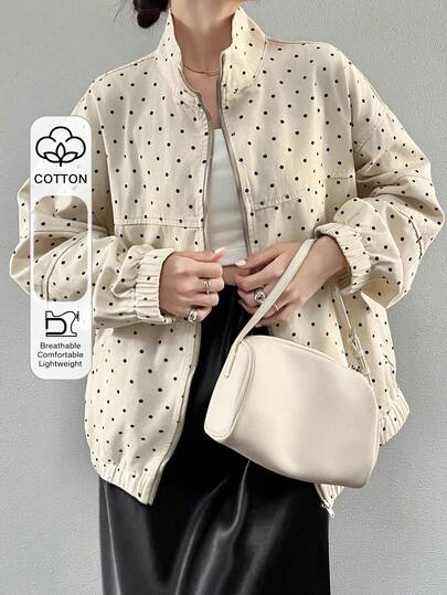 FRIFUL Women's Polka Dot Zipper Casual Versatile Daily Denim Jacket