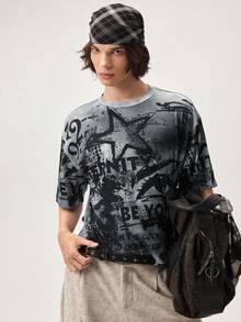 Vaulklash Men's Street Style Loose Graffiti Oversized Print Short Sleeve T-Shirt - Multicolor - View 1