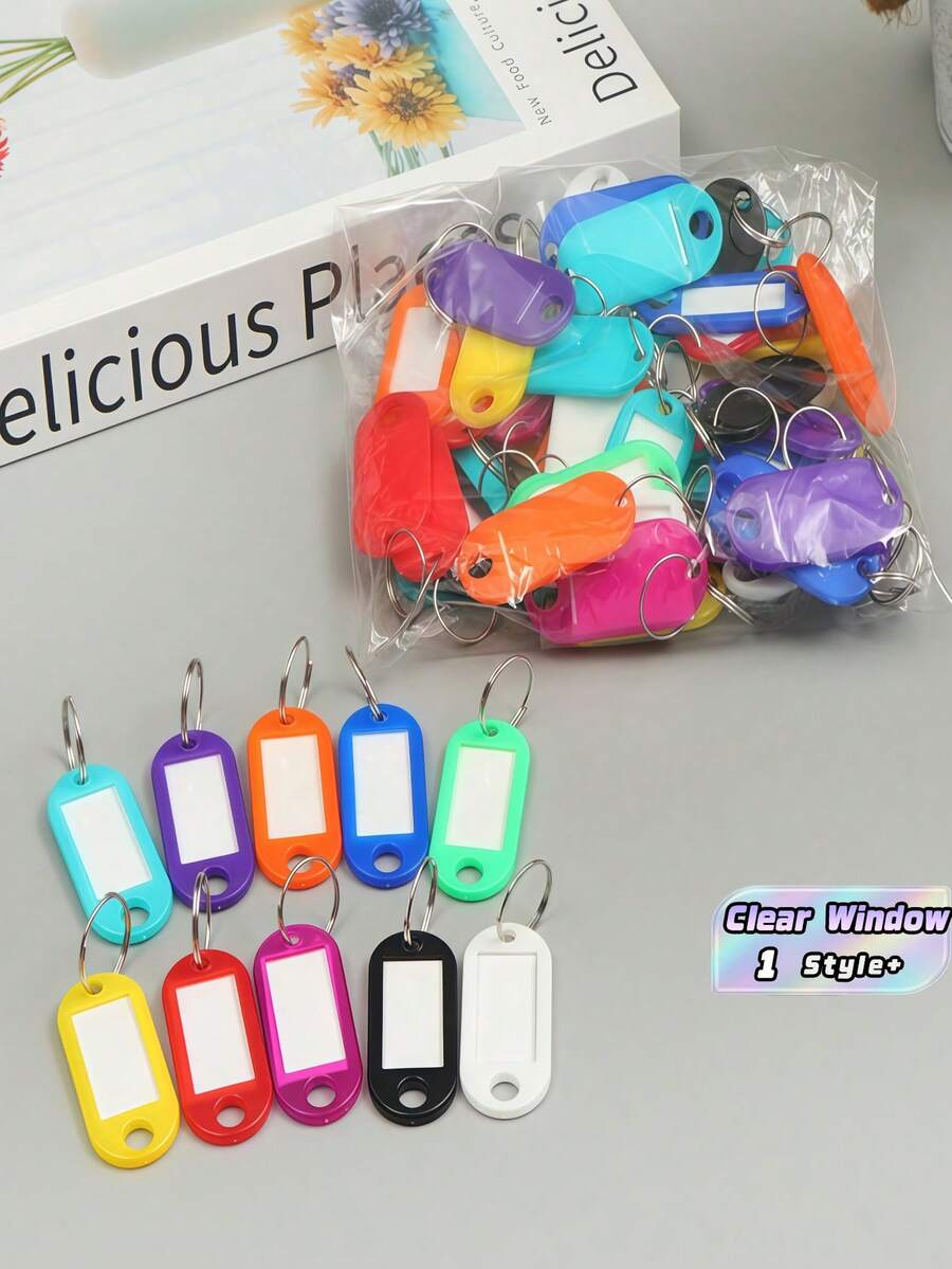 100PCS Plastic Keychains With Ring And Label Window, Multi-Functional Identification Tags For Keys, Bags, Luggage, Perfect For Office, School, Travel, And Home Organization. - Multicolor - View 1