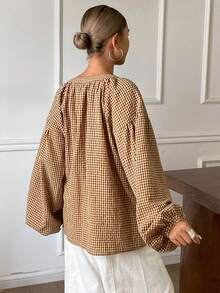 DAZY Women's Contrast Plaid Loose Pullover Long Sleeve Casual Vacation Spring Autumn Blouse - Brown - View 6