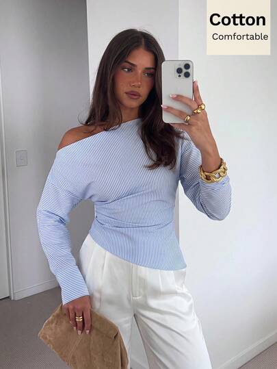 Siren Gaze Women's Pure Cotton Striped Asymmetrical Neck Top; A Versatile, Long-Sleeved, Pleated, And Waist-Cinching Shirt-Perfect For Casual Outings Or Dates