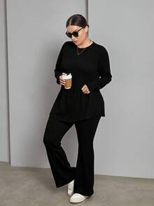 SHEIN Essnce 大尺碼女款秋冬時尚休閒寬鬆舒適日常百搭修身黑色長袖上衣與喇叭褲兩件套，秋季服飾，褲裝套裝，機場穿搭 - 黑色 - 查看 5