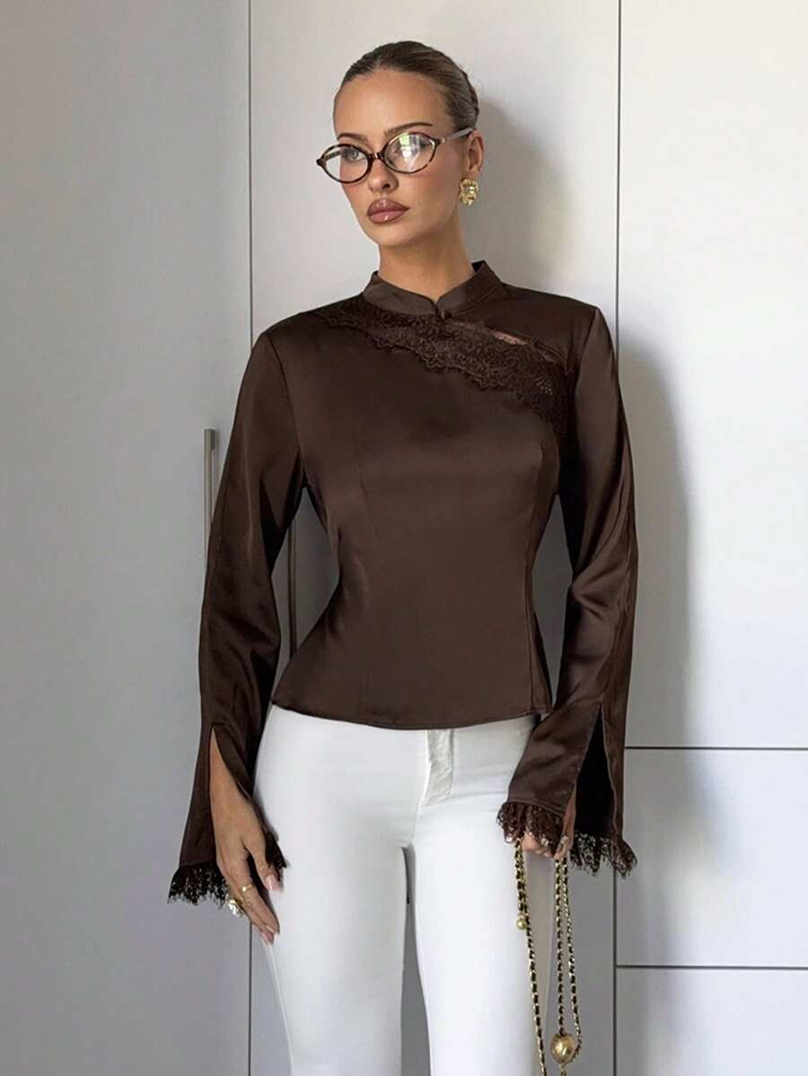 Siren Gaze Kemeja Kancing Patchwork Renda Satin Elegan untuk Wanita - Chocolate Brown - View 1