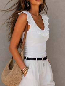 Solivie Women's Solid Color Patchwork Ruffle Trim Fitted Sleeveless Top Vacation White Summer Elegant - White - View 4