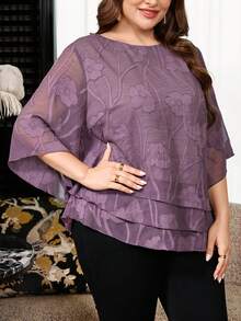 Reflora Plus Size Women's Floral Print Round Neck Mesh Bell Sleeve Elegant Blouse - Purple - View 7
