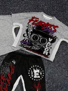 大童男孩休閒舒適時尚極簡圓領短袖喇叭褲 T-shirt 套裝，經典酷帥帥氣蒸汽龐克角色肖像印花配墨鏡，酷感文字圖案印花，適合秋冬 - 彩色 - 查看 2