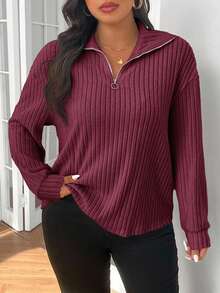 SHEIN Frenchy Kaos Kasual Kerah Resleting Warna Aprikot Lembut Ukuran Besar, Pakaian Musim Gugur untuk Wanita - Burgundy - View 1