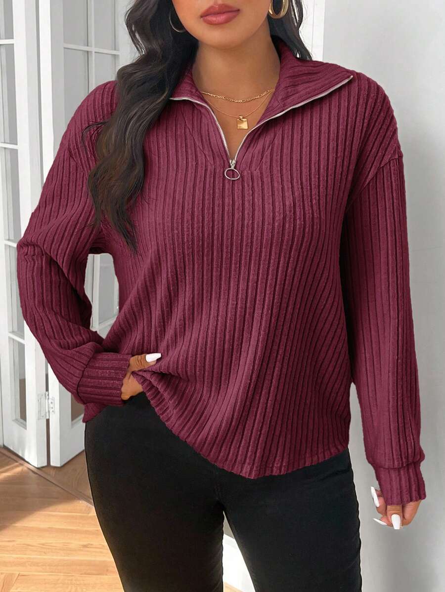 SHEIN Frenchy Kaos Kasual Kerah Resleting Warna Aprikot Lembut Ukuran Besar, Pakaian Musim Gugur untuk Wanita - Burgundy - View 1