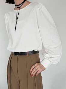 FRIFUL Women's Early Autumn New Korean Style Pleated Button Decor T-Shirt - White - View 3