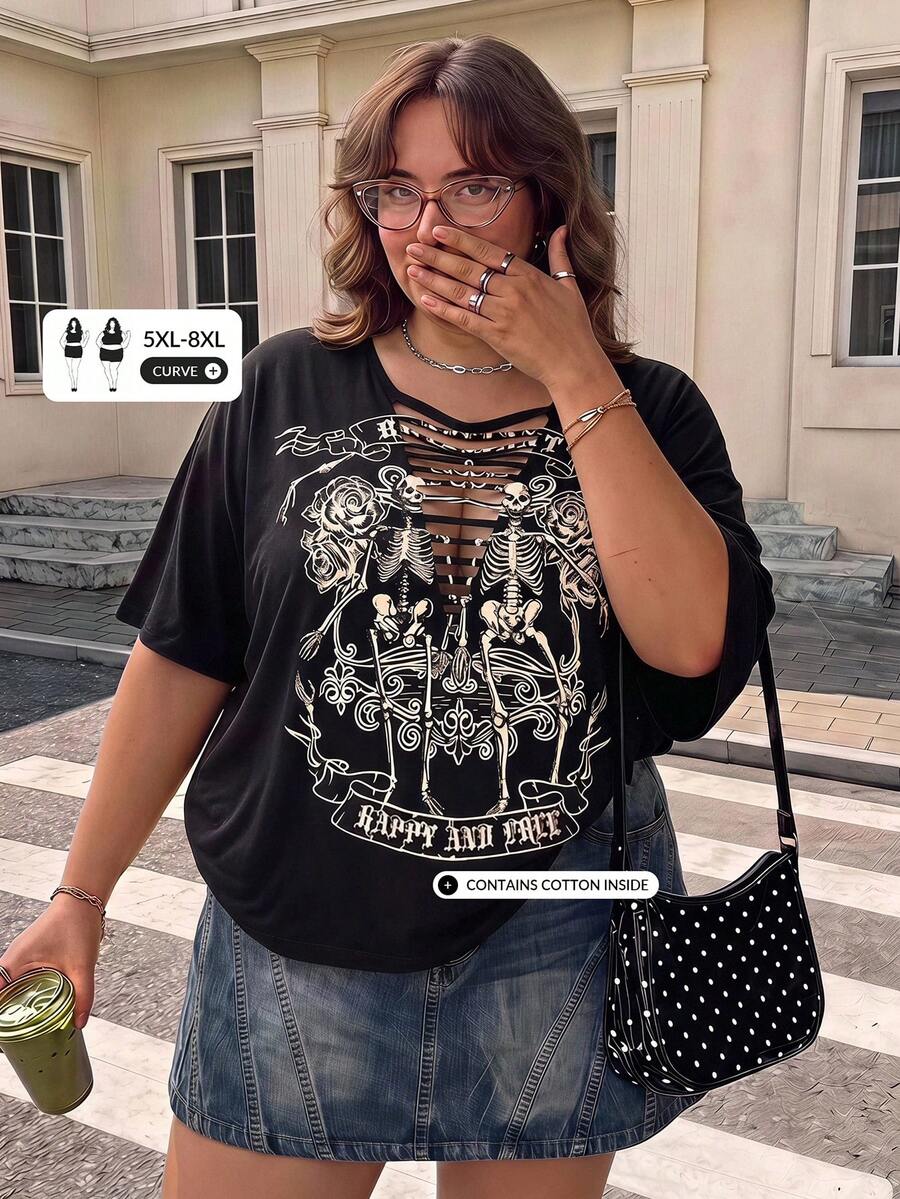 SHEIN CURVE+ 大碼女士骷髏骨頭和標語印花短袖t恤 - 黑色 - 查看 1