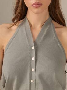 KÆRIA Hus Detailed Button Front Open Back Halter Knit Top - Fine Gauge 100 Cotton - Sage Green - Versatile Date Brunch City Break Daily Summer Casual French - Grey - View 5