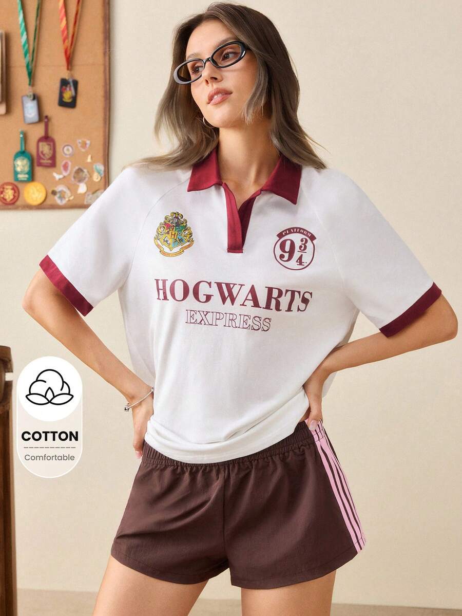 HARRY POTTER X SHEIN Women's Letter Print Casual Versatile Daily Short Sleeve T-Shirt - White - View 1