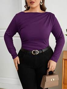 SHEIN Privé Plus Size Women's Solid Color Boat Neck Long Sleeve Ruched Fitted T-Shirt - Purple - View 1