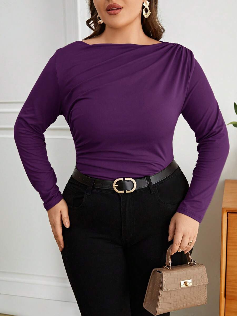 SHEIN Privé Plus Size Women's Solid Color Boat Neck Long Sleeve Ruched Fitted T-Shirt - Purple - View 1