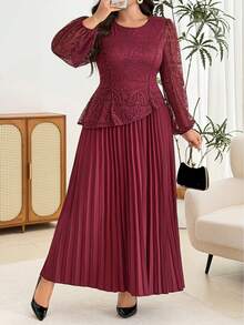 Modelyn Elegant Solid Color Lace Patchwork Round Neck Long Sleeve Cinched Waist Pleated Hem Regular Fit Plus Size Dress For Spring And Autumn - Burgundy - View 7