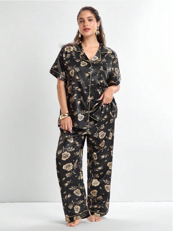 Slumbrini Plus Size Floral Print Satin Lapel Pajama Set 2 Pieces