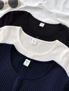 SHEIN 青少年女孩針織素色高彈力羅紋圓領長袖休閒T恤3件組 - 彩色 - 查看 3
