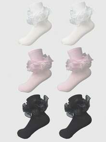 ROMWE Anime 3 Pairs Of Women's Mid-Tube Socks With Lace Pleated Edges; Ruffles - Multicolor A2 - View 3