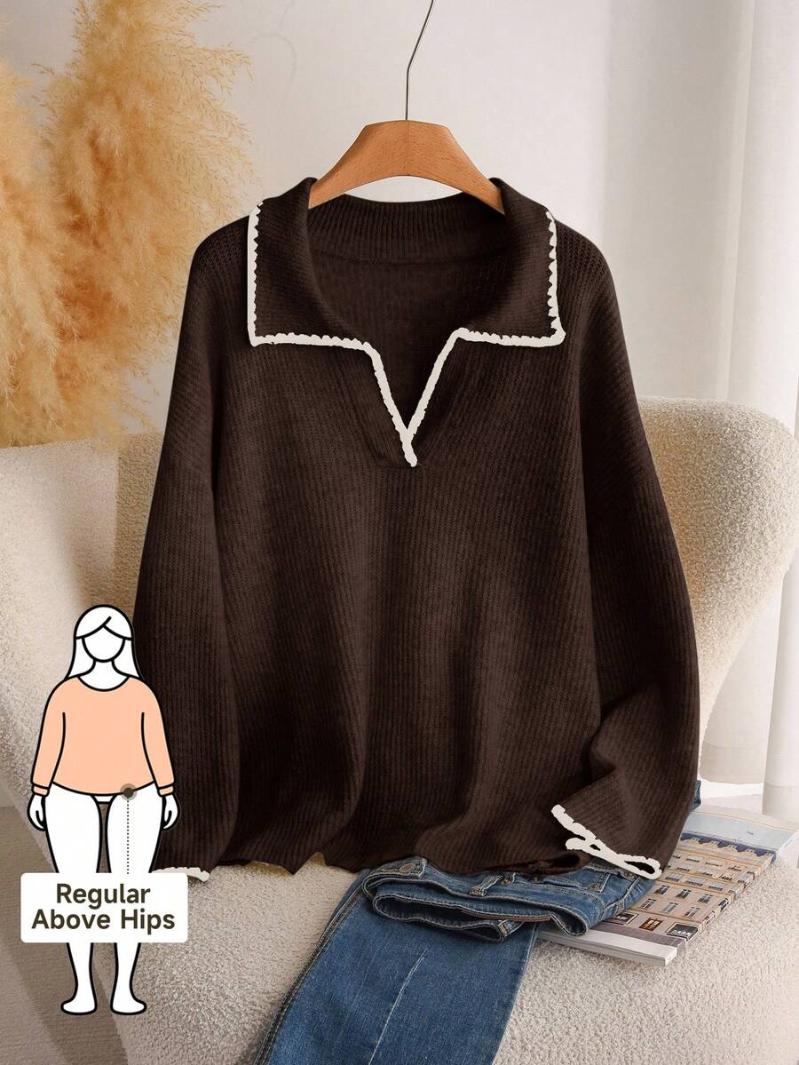 CosyJoli Plus Size Casual Brown Color Block Trim V-Neck Pullover Sweater/Winter - Brown - View 1