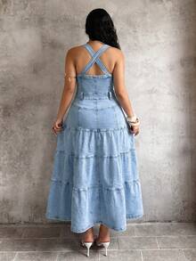 SHEIN CURVE+ 大尺碼女款單排扣荷葉邊下擺休閒牛仔洋裝 - 藍色 - 查看 2