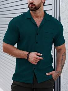 Manfinity CasualCool 男士純色單排扣工裝口袋短袖襯衫 - 墨綠色 - 查看 6