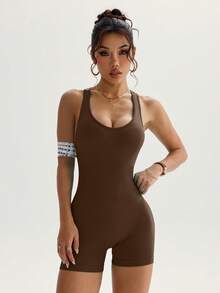 Slayform Slayform Rompi Olahraga Tanpa Lengan Wanita Warna Polos dengan Detail Silang di Bagian Belakang - Coklat - View 4