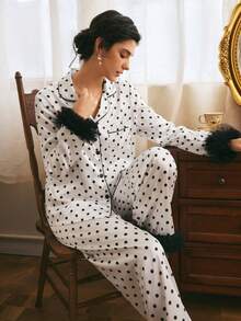 Côtesoire Women's Polka Dot Print Top And Pants Pajama Set - Black and White - View 3