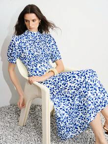 Aveloria Modichic Delicate Pleated Craftsmanship Random Spring/Summer Botanical Print Stand Collar Puff Sleeve Belt Waist A-Line Mid-Length Dress White And Blue - Blue - View 6